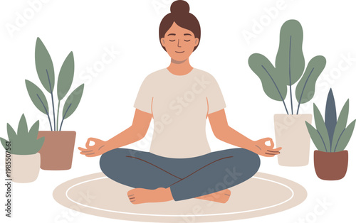 Woman practices yoga with plants in a serene indoor setting calmly.