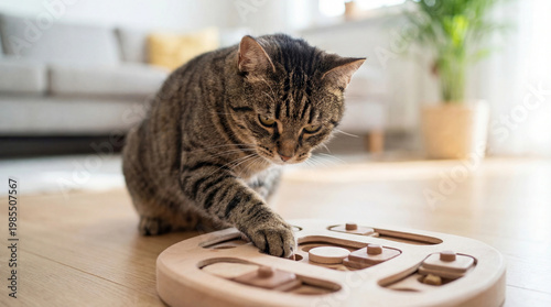 Cat playing with wooden puzzle toy on floor in bright living room, pet intelligence training, enrichment activity, home lifestyle concept copy space