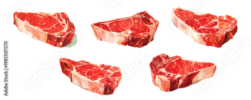 Raw beef steaks depicting fresh cut ribeye and t bone cuts with marbling, illustrating fresh meat for meal preparation, protein, and butcher shop offerings
