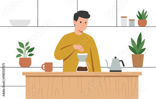 Man brewing coffee at kitchen counter with plants around him