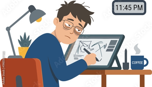 A man sits at a desk working on a computer illustration late at night.