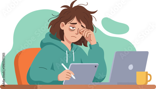 A woman sits at a desk frustrated with a laptop and graphics tablet.