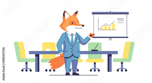 Anthropomorphic orange fox in blue business suit giving financial presentation with chart in office setting cartoon style vector