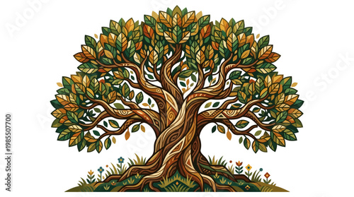 Tree with green and orange leaves.