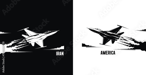 A graphic illustration of fighter jets representing Iran and America in a symbolic conflict