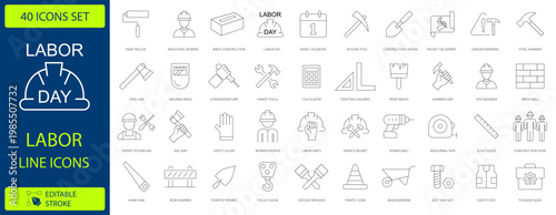 Labor Day line icons set, 40 construction and industry vector elements, thin stroke worker tools and equipment icons for professional web design