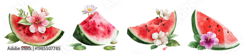 Watercolor watermelon slices with red pulp and green rinds, decorated with delicate botanical flowers and leaves for a vibrant, refreshing summer food illustration