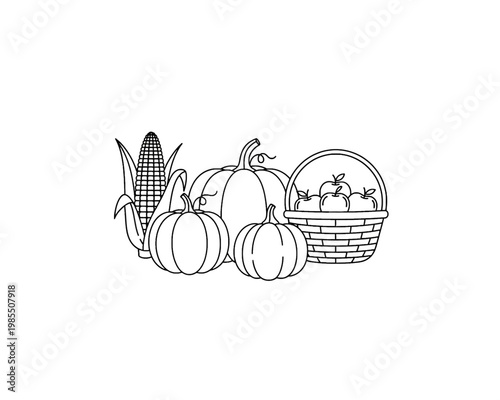 An iconic fall harvest vector illustration featuring a grouping of plump pumpkins, a ripe ear of corn, and a wicker basket of apples.