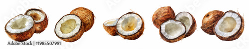 Coconut watercolor illustration set presenting whole and half brown tropical fruits with fresh white meat, perfect for food, drink, and beauty product designs