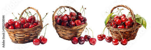 Freshly picked red cherries filling three rustic wicker baskets, creating a vibrant harvest display, symbolizing natural sweetness and abundance of summer fruit