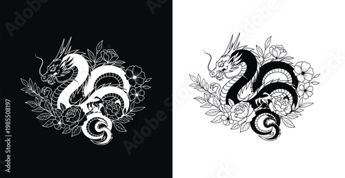 A black and white illustration of a dragon surrounded by flowers and leaves on a contrasting background