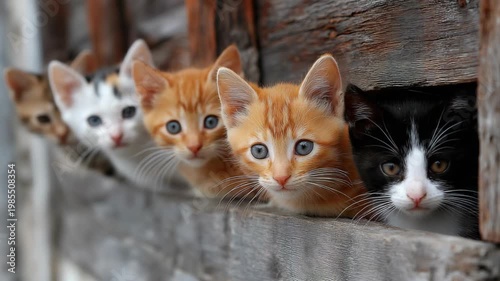 Close-up group of cute multicolored kittens looking at the camera, capturing playful charm, curiosity, and adorable pet companionship.