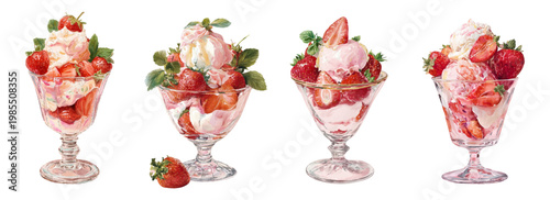 Four refreshing watercolor strawberry sundaes with ice cream, whipped cream, and fresh mint, illustrating summer dessert concepts and sweet indulgence