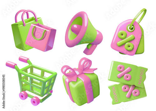 3D Shopping and sale elements collection. Cute green and pink discount coupons, megaphone, price tag, paper bags and gift box vector illustrations isolated on white background.