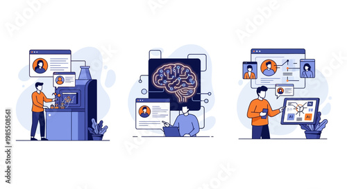 AI logic flow data tech brain net web app UI UX human dev process set