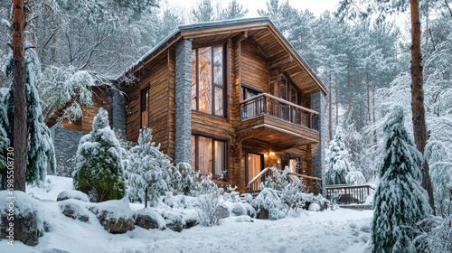 Cozy wooden house stands in the mountains surrounded by snow-covered pine trees. Dusk light glows from large windows, inviting warmth to the cold landscape