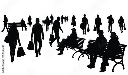 A bustling park scene depicts individuals walking sitting on benches and carrying shopping bags presented as a striking silhouette high quality professional detailed modern