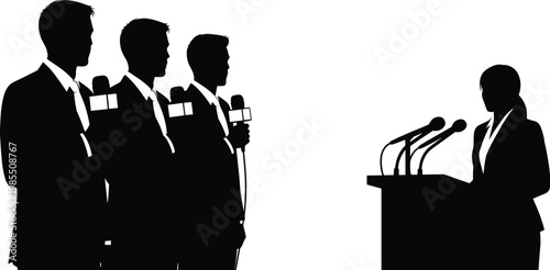 Press Conference Silhouette Illustration with Reporters and Speaker at Podium for Media, Journalism, and Public Speaking Concepts