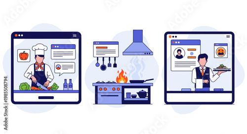 Online Culinary Arts Web App Showcasing Chef Cooking Food and Professional Waiter Serving Customer Service Lessons