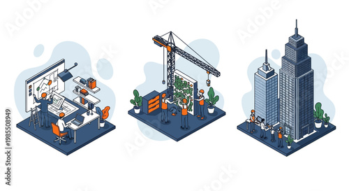 Modern sustainable eco friendly architecture project process including design phase construction work and final green city building