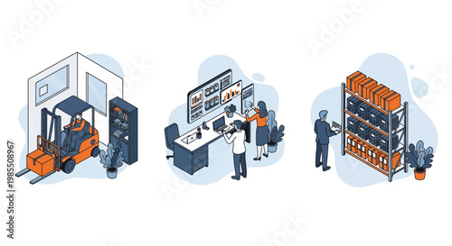 Warehouse logistics management team operating forklift tracking inventory stock and analyzing digital data for distribution efficiency