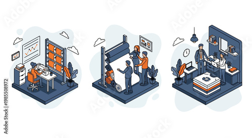 Sustainable eco friendly textile manufacturing factory process workers sewing and designing garments in a modern office