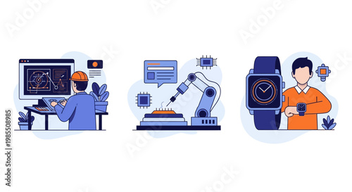 Electronic hardware design engineering plus automated robotic microchip assembly and consumer smart watch technology development process