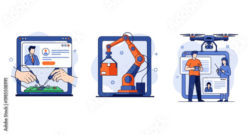 Modern electronic engineering robotic arm drone soldering circuit board technology automation industrial innovation development system professional design concept