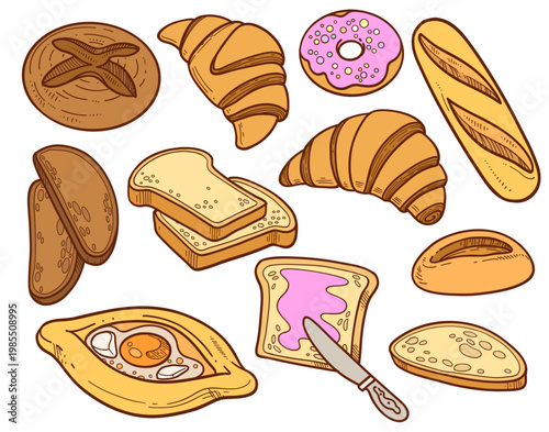Set of illustrations on the theme of bread and pastries - croissants, khachapuri, baguette, bread and butter color variation