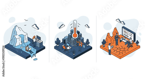 Global warming impacts melting glaciers rising urban temperatures and dry desert land research science study environment