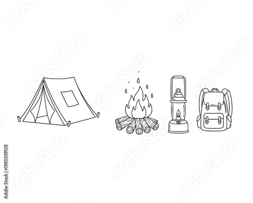 A collection of camping gear icons featuring a tent, a small campfire, a portable lantern, and a traveler hiking backpack