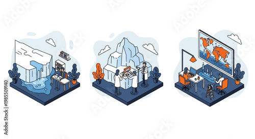 Global warming research scientists monitoring melting glaciers and climate change data analysis in professional isometric style