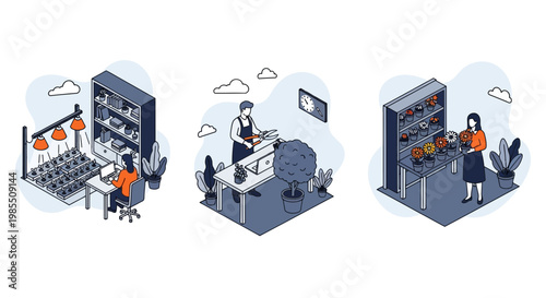 Isometric greenhouse plant growth stages nursery seedling pruning flower shop retail business scenes set collection