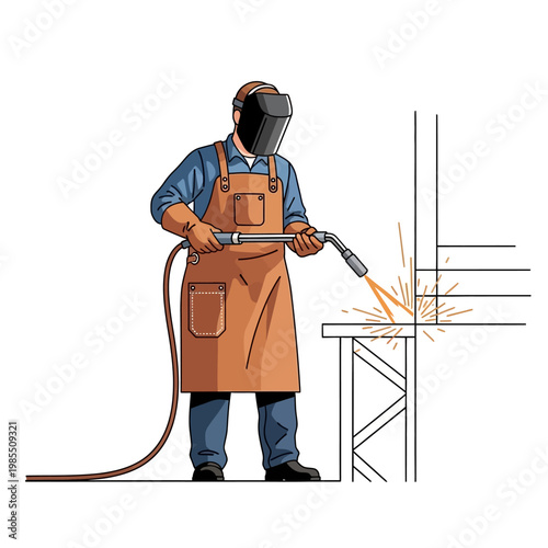 Welder working on metal structure, wearing safety gear, sparks flying.