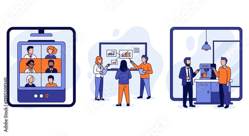 Modern office scenes with video call team meeting and colleagues drinking coffee together at work