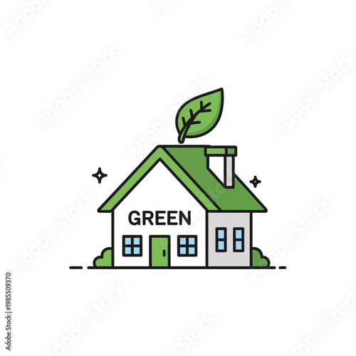 Eco-friendly green house with leaf on roof, sustainable living concept