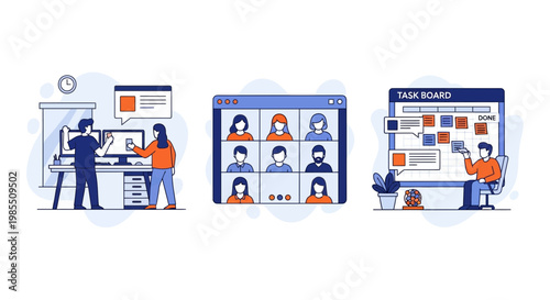 Team work online via web chat call task plan dev and job goal is set