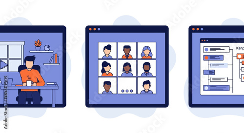 Job work home man desk video call app web meeting tool task and board site