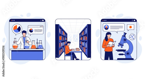 Science education and research concept featuring a chemist in laboratory plus student studying in library with microscope