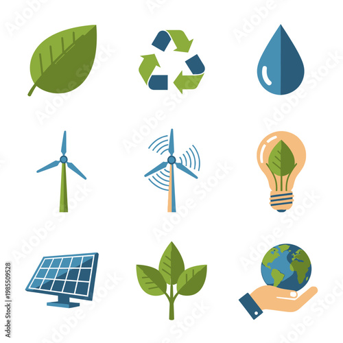Eco-friendly icons: leaf, recycle symbol, water drop, wind turbines, light bulb, solar panel, earth