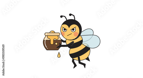 Cartoon angry bee character holding honey pot with dripping honey in vector illustration; ideal for design elements and animation