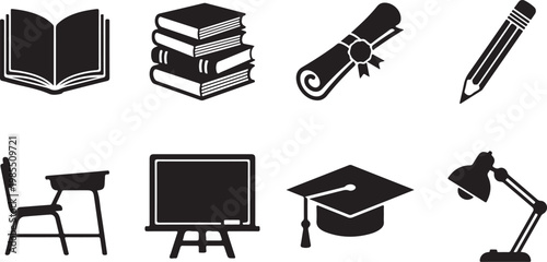 Education icons, school symbols, learning graphics, black and white illustrations, 8 educational elements