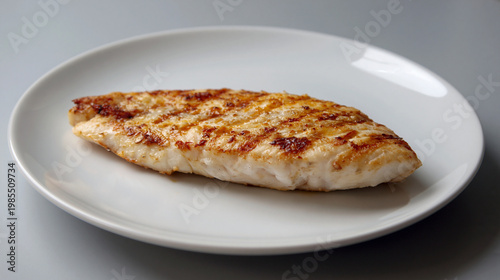 白い皿にのせたこんがり焼き上げた魚の切り身