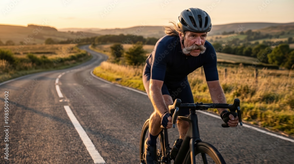 Obraz premium Older man riding bicycle on winding country road at sunset