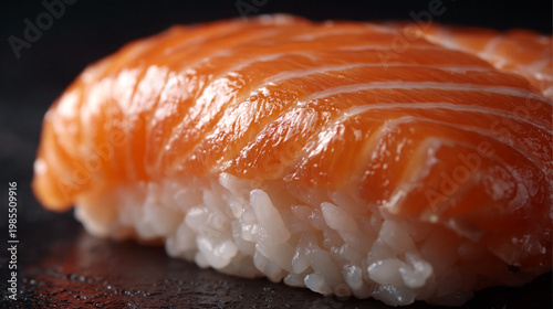 とろける食感が伝わるサーモンの握り寿司のクローズアップ