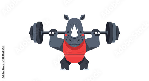 Cartoon rhino lifting heavy barbell for strength training fitness in red sports tank top vector illustration on white background