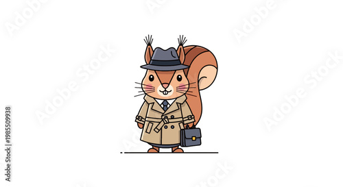 Cartoon squirrel detective in trench coat and fedora holding briefcase; cute character illustration brown fur investigating isolated on white