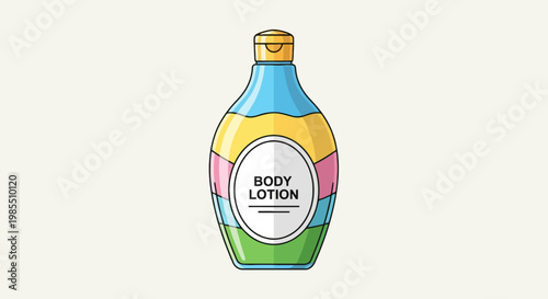 Colorful body lotion bottle vector illustration in cartoon style; beauty product packaging with skincare label for cosmetic branding and design