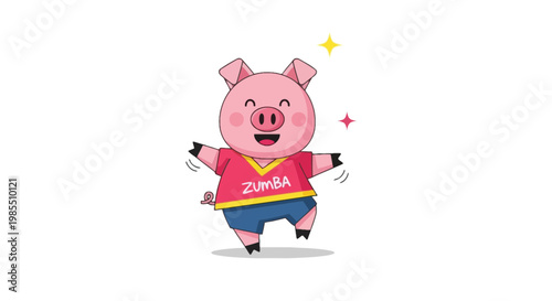 Cheerful pink pig character dancing Zumba wearing a red shirt and blue shorts with star sparkles isolated on white background