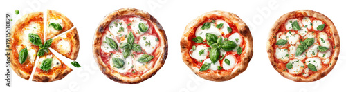 Margherita pizza watercolor artwork presenting traditional italian cuisine with tomato sauce, mozzarella cheese, and fresh basil leaves, isolated on white background